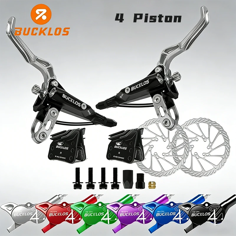 

BUCKLOS Bike Hydraulic Disc Brake 4 Piston Brakes with Rotor Cooling Oil Pressure Front Rear Mountain E-bike MTB Hydraulic Brake