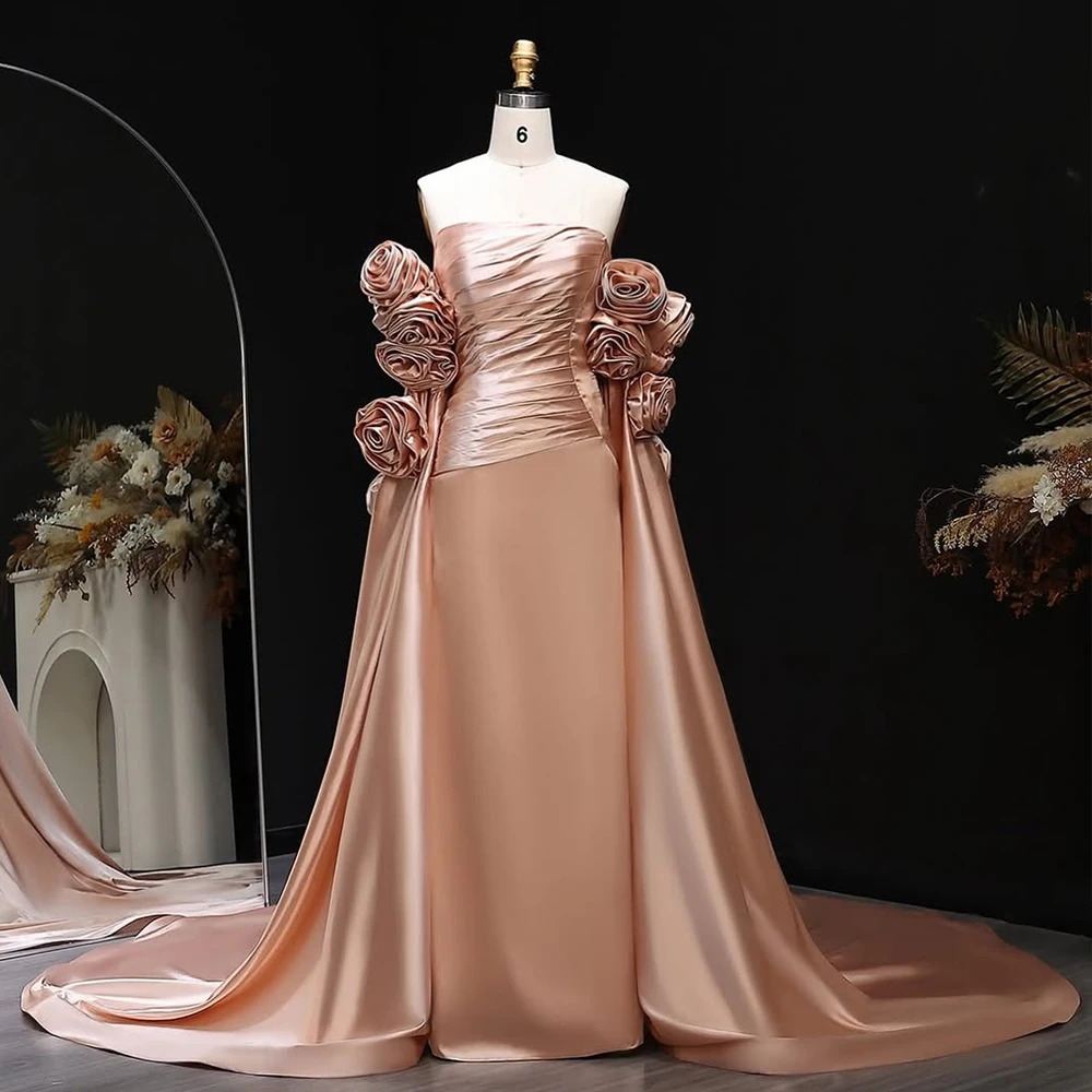 

3D Flowers Evening Dresses Long for Women Strapless Elegant Prom Dress for Wedding Party Floor Length Satin Cocktail Gowns 2026