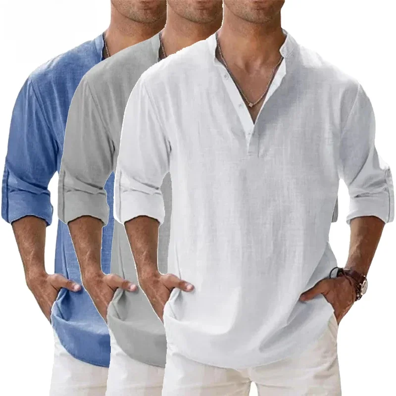 Streetwear męskie lekkie koszule z długim rękawem Henley bawełniane lniane koszule dla mężczyzn plażowe koszule hawajskie oddychające koszulki z kołnierzykiem — zdjęcie 2