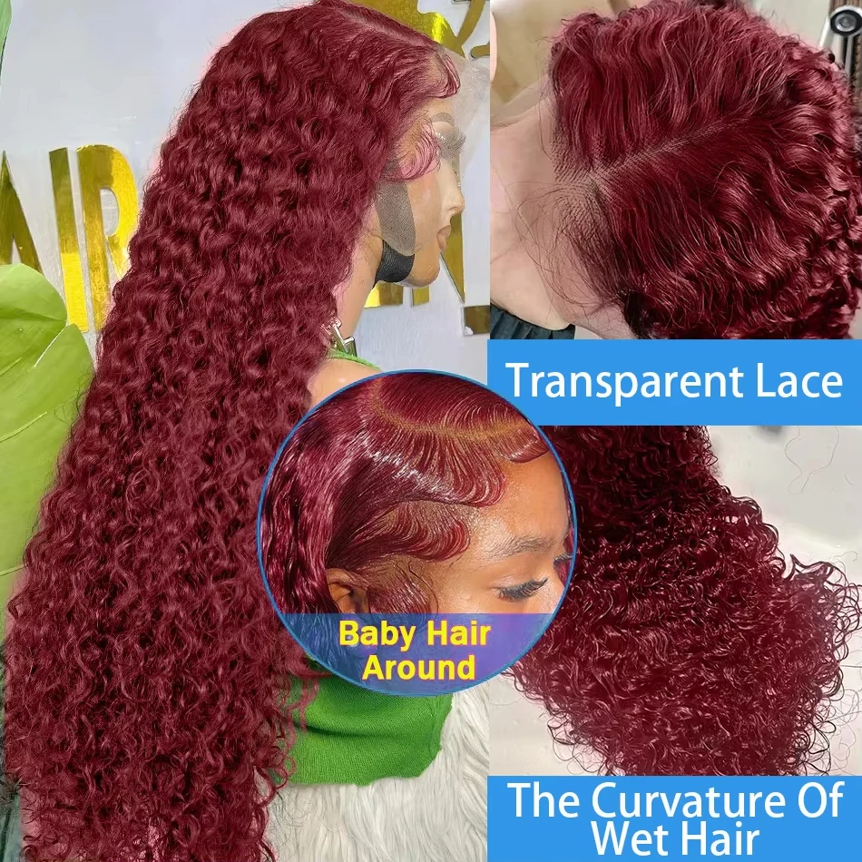 200 Density 99j Burgundy 30 40 Inch HD 13x6 Lace Frontal Wigs Human Hair Transparent Preplucked Red Colored Deep Wave Remy Hair image 2