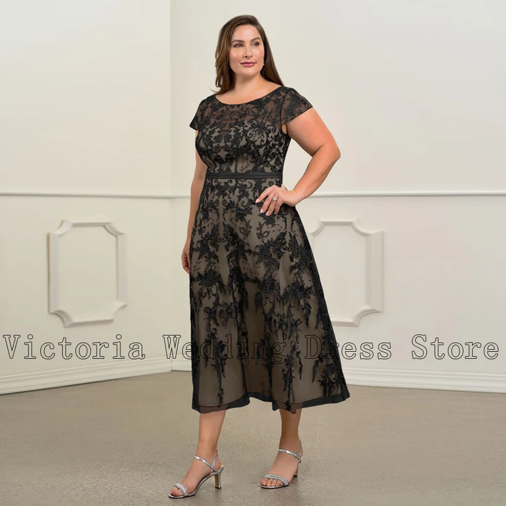 Elegante preto O-Neck mangas curtas vestidos de festa de casamento, mãe da noiva vestidos, chá de comprimento apliques, plus size, festa