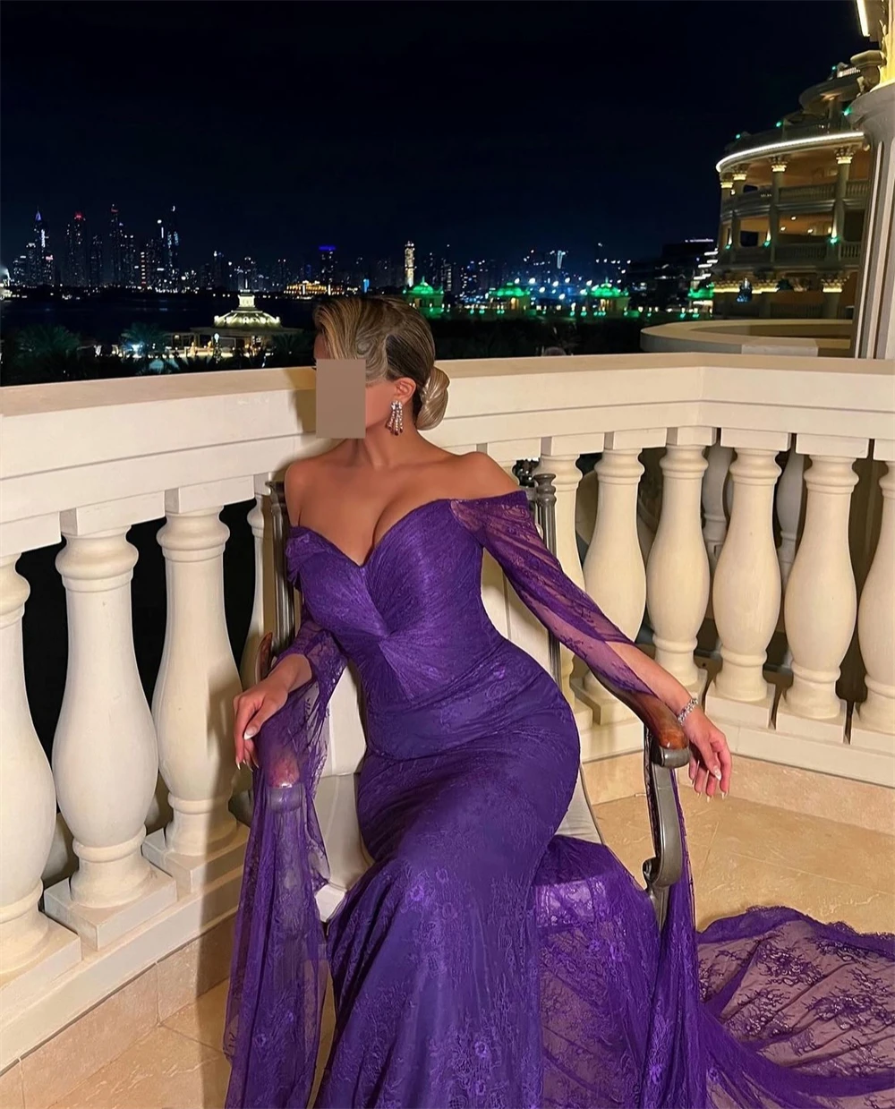 فستان حورية البحر أرجواني مخصص من Sansa بأكمام طويلة للحفلات الراقصة ورقبة على شكل قلب فيستدوس دي نوش ذيل محكمة سهرة رسمية 2025