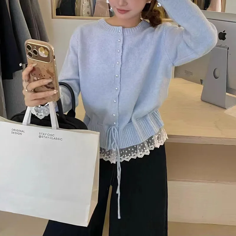 

Women's Knitted Sweater Pearl Buttons Lace Patchwork Sweaters Pullovers Sweet Wind Design Lace-up Korean Style Casual Autumn Top