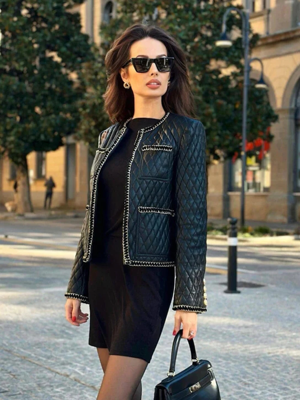 

Leather Jacket Female Coat Chain Edge Embellishment Plaid Leather Jackets Open Stitch Elegant Short Women Outerwear Winter 2023