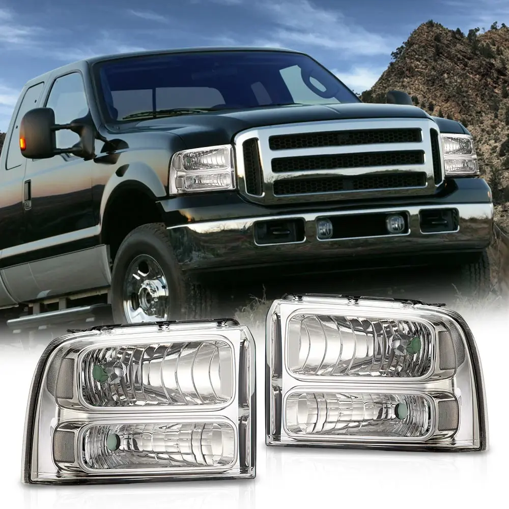 

2Pcs Car Front Headlights Without Bulbs Fit for Ford 2005-2007 F250 F350 F450 F550 Super Duty/05 Excursion Us Headlamps Clear/Chrome