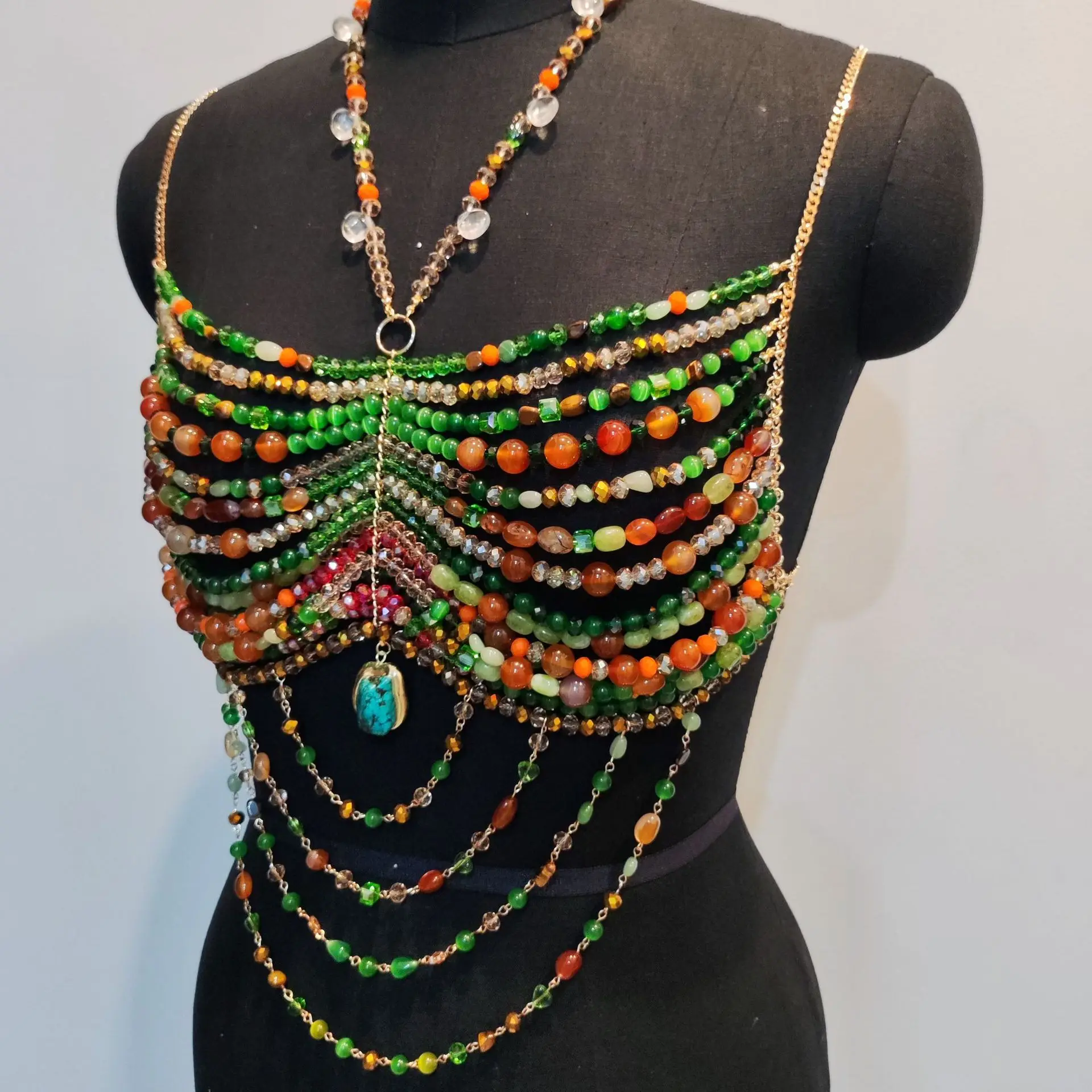 European and American handmade heavy industry crystal jade bead chest chain vacation sexy hollow neck hanging body chain