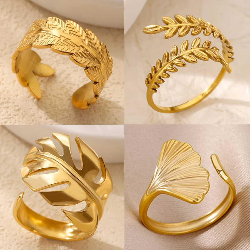 

Vintage Textured Leaf Rings for Women Stainless Steel Gold Color Hollow Leaf Ring Aesthetic Wedding Fashion Jewelry Gift