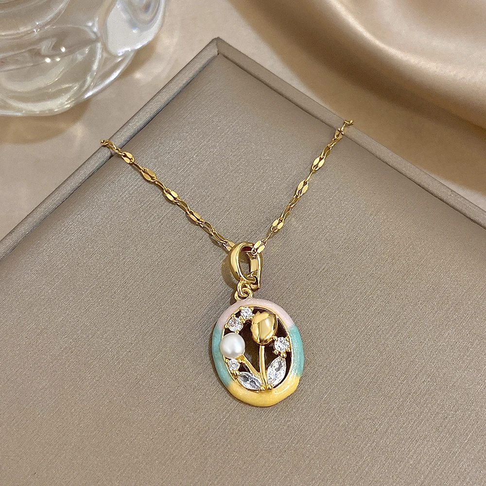Freetry 5 Styles Colorful Drip Oil 3D Flower Pendant Necklace for Women Retro Monet Garden Adjustable Choker Female Jewelry Gift