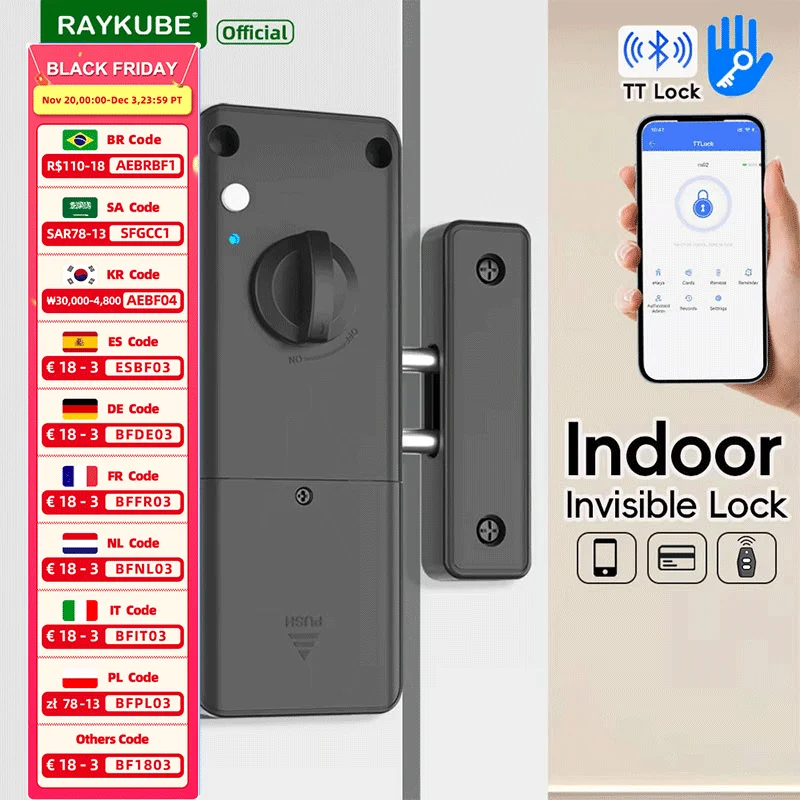 RAYKUBE RX02 قفل TT مجاني للحفر بلوتوث قفل ذكي داخلي غير مرئي مع 13.56 بطاقة IC/TT قفل التطبيق/فتح التحكم عن بعد #1