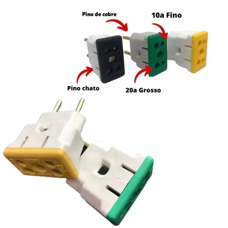 Adaptador Tomada Benjamin Padrão Novo e Antigo quadrado colorido  Plug  10A e 20A