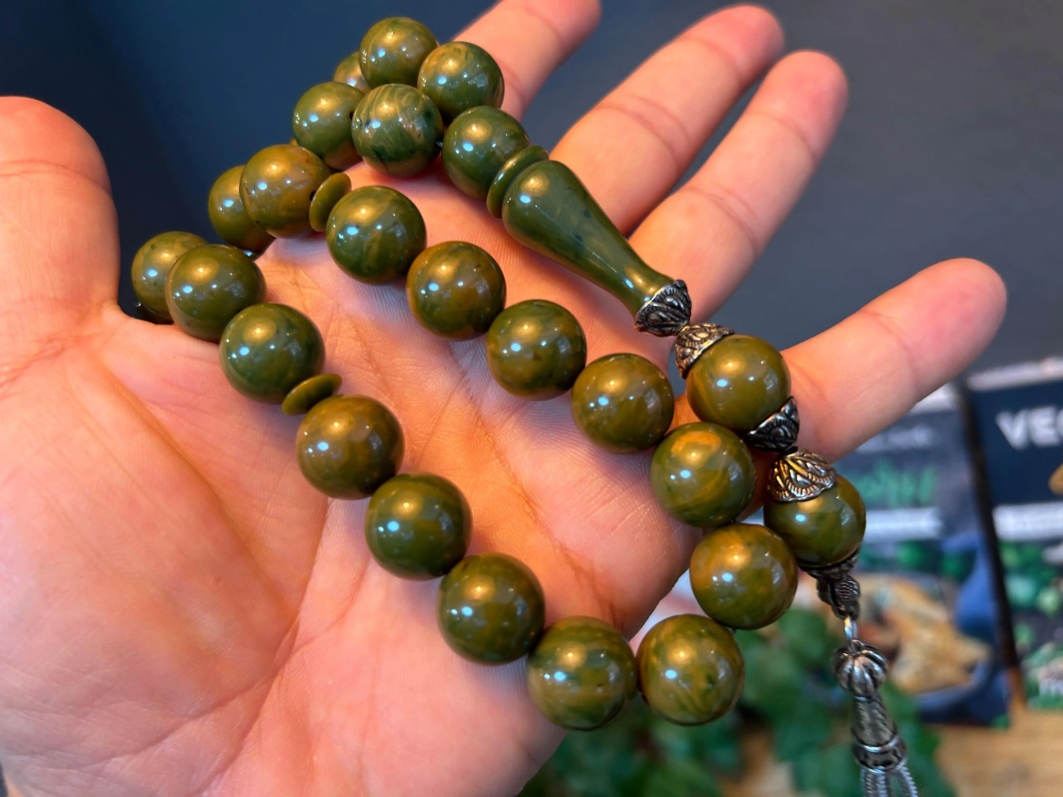 Green Bakelite Ottoman Rare Faturan German Amber Sandalous Misbaha Prayerbeads Rosary Tasbih Tesbih İslam Subha T26