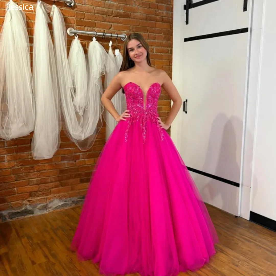 

Вечерние платья Jessica ярко-розового цвета, сексуальные, с открытыми плечами, А-силуэта, для выпускного вечера, с кружевной вышивкой, женская одежда, праздничные платья