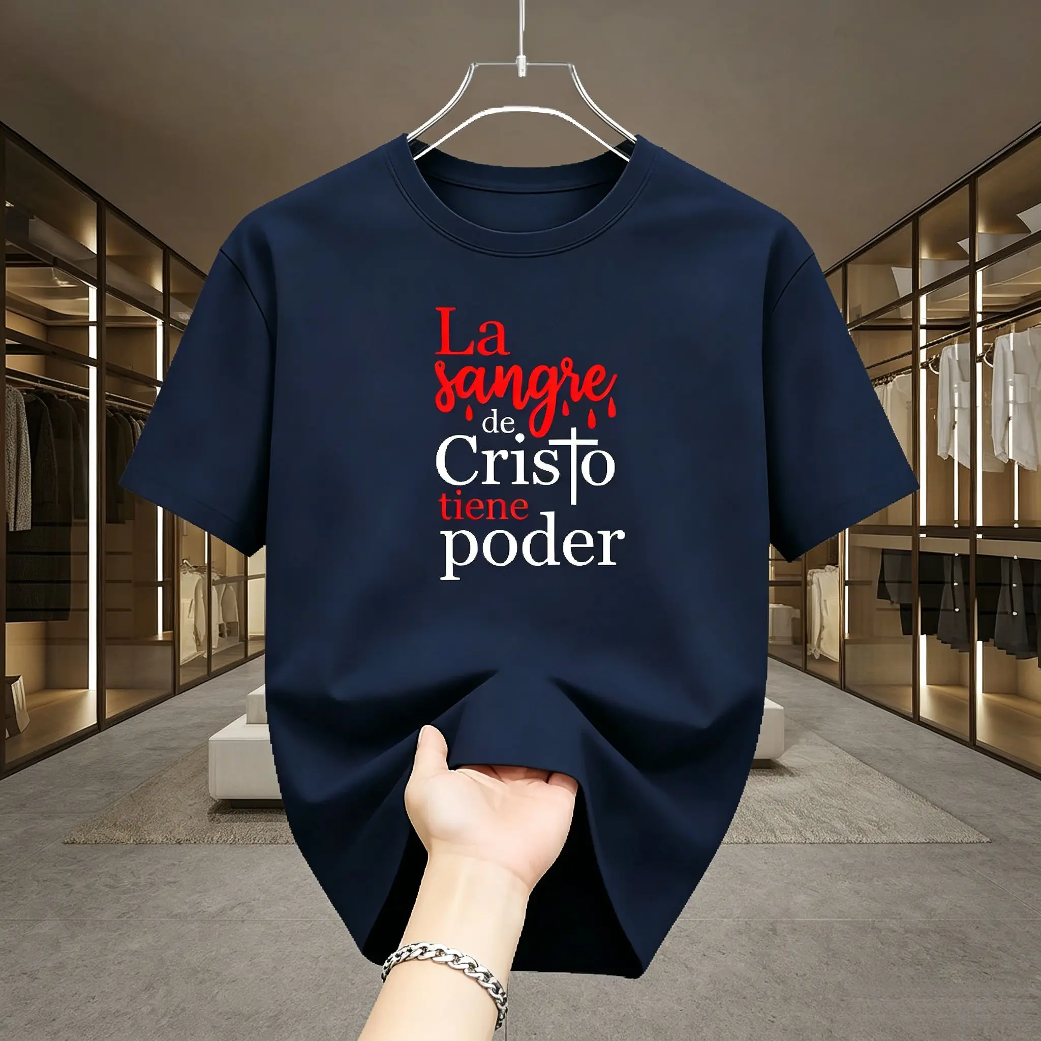 Camiseta gráfica con cita cristiana española para hombre, color azul marino, La Sangre De Cristo Tiene Poder Faith, camiseta informal de manga corta