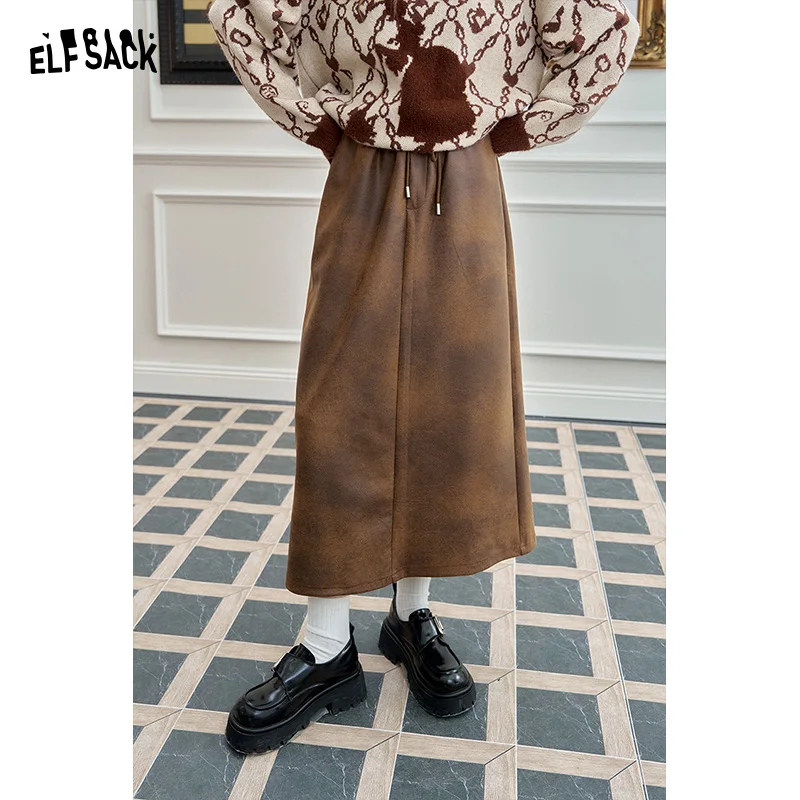 

ELFSACK 2025 Spring New Arrivals Vintage Gradient Drawstring Long Skirt