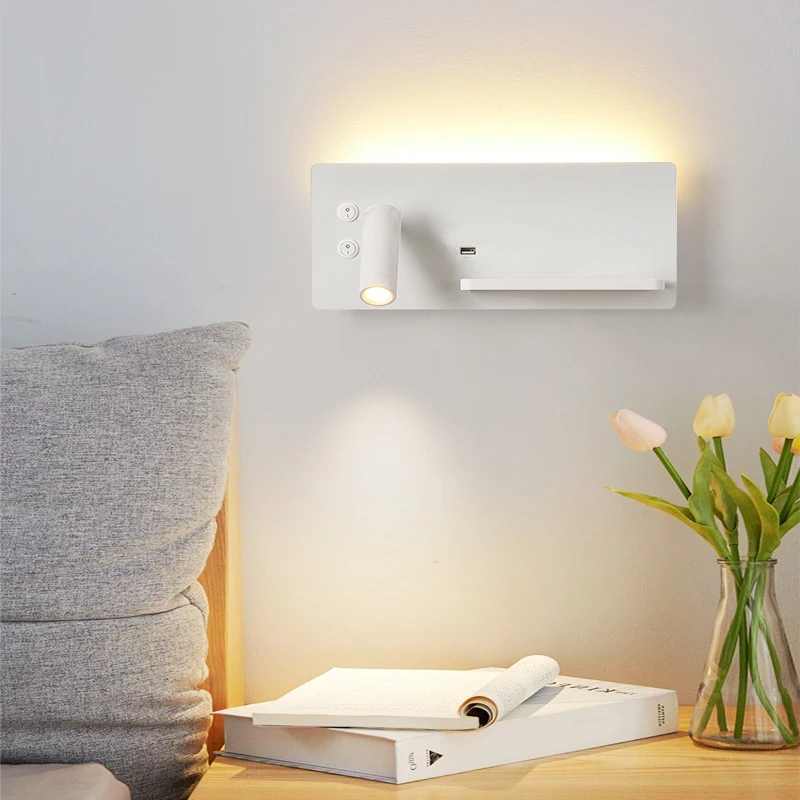 

Modern simple LED aluminium reading wall lamp USB wireless phone charging with switch study bedroom bedside wall light