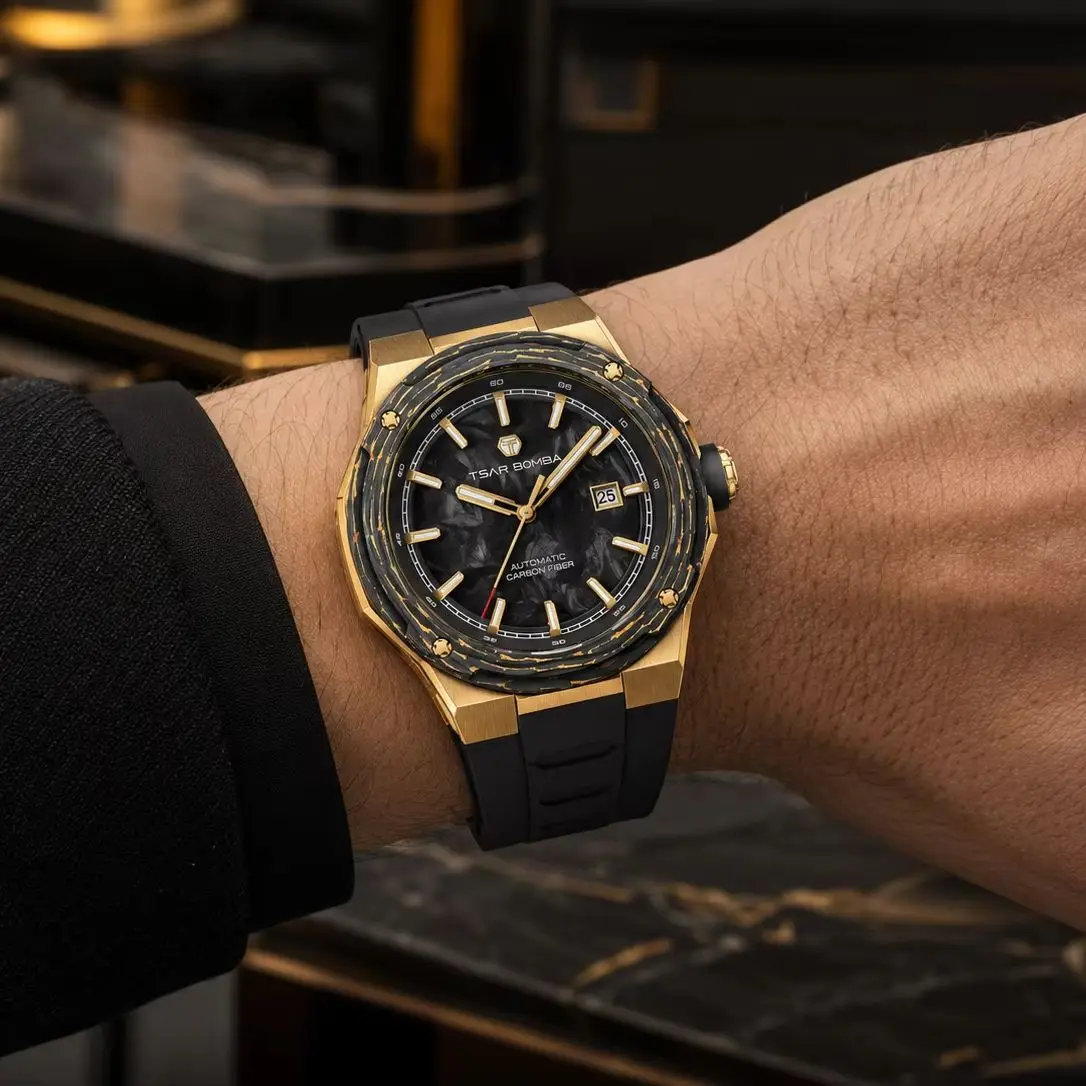 TSAR BOMBA Men's Automatic Mechanical Skeleton Watch, Miyota Movement, 316L Stainless Steel, Sapphire Crystal, Carbon Fiber Bezel, FKM Rubber Strap, 10ATM Waterproof, Luxury Sport Business Wristwatch, Premium Stylish Gift for Men