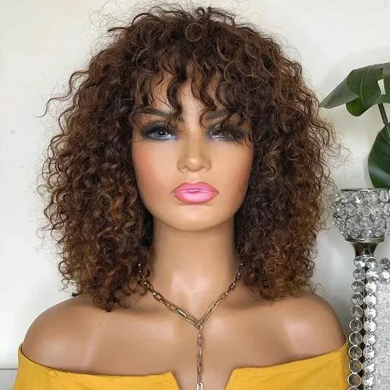 Black Short Curly Wig with Bangs Human Hair Wigs for Women Jerry Curl Bob Wig 150% Density Non Lace Front Glueless Wig Remy Hair