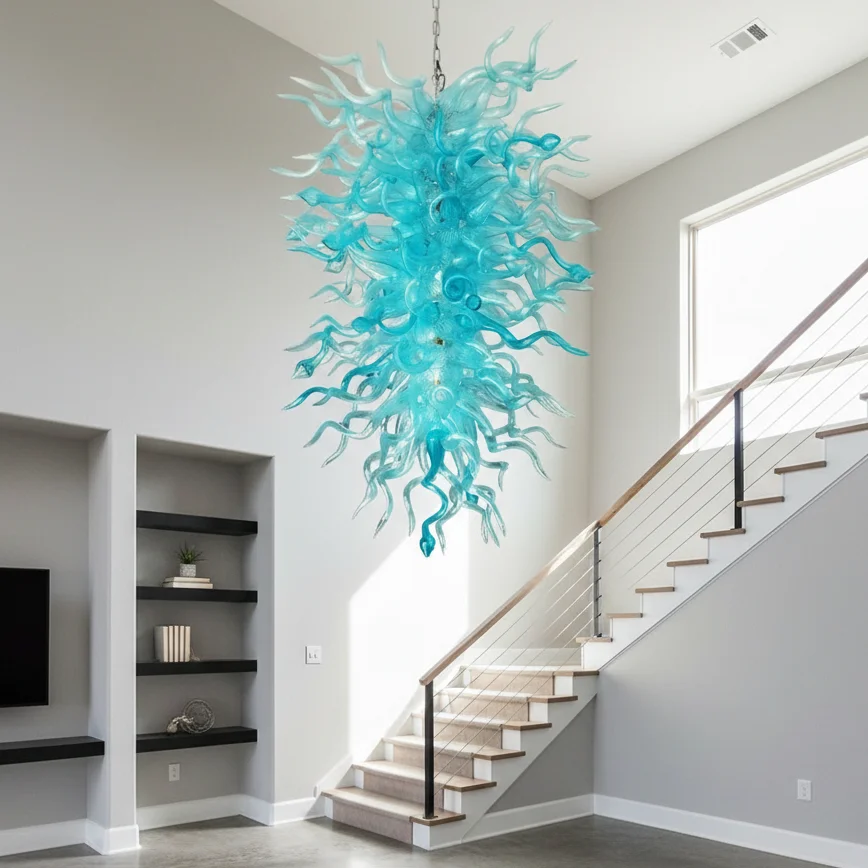 

LONGREE бирюзовая аква-синяя люстра из дутого стекла ручной работы, светильник для лестницы в гостиной