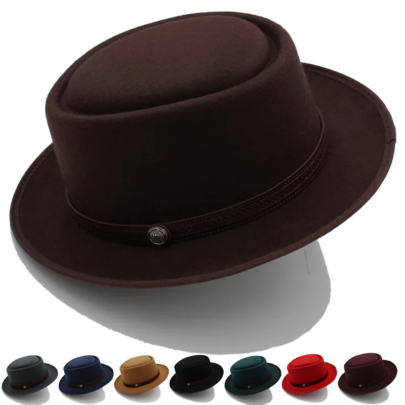 Vintage Porkpie-Hüte für Herren, einfarbige schwarze Fedora-Hüte, schlichte Porkpie-Hüte, Herrenmode, Sombrero Hombre, Chapeu Masculino, Show – Detail 2