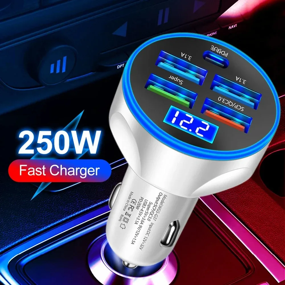 250W Car Phone Charger 6 Ports Fast Charging PD QC3.0 USB C Car Phone Charger Type C Adapter in Car For iPhone 15 Samsung Huawei