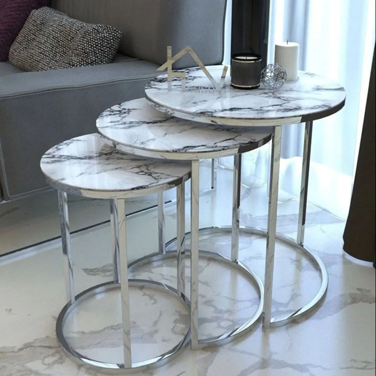 Decorative Gold Nesting Table Set of 3 Unbreakable Tempered Glass Luxury Marble Design Home Living Room 3Pcs Furniture Accessory