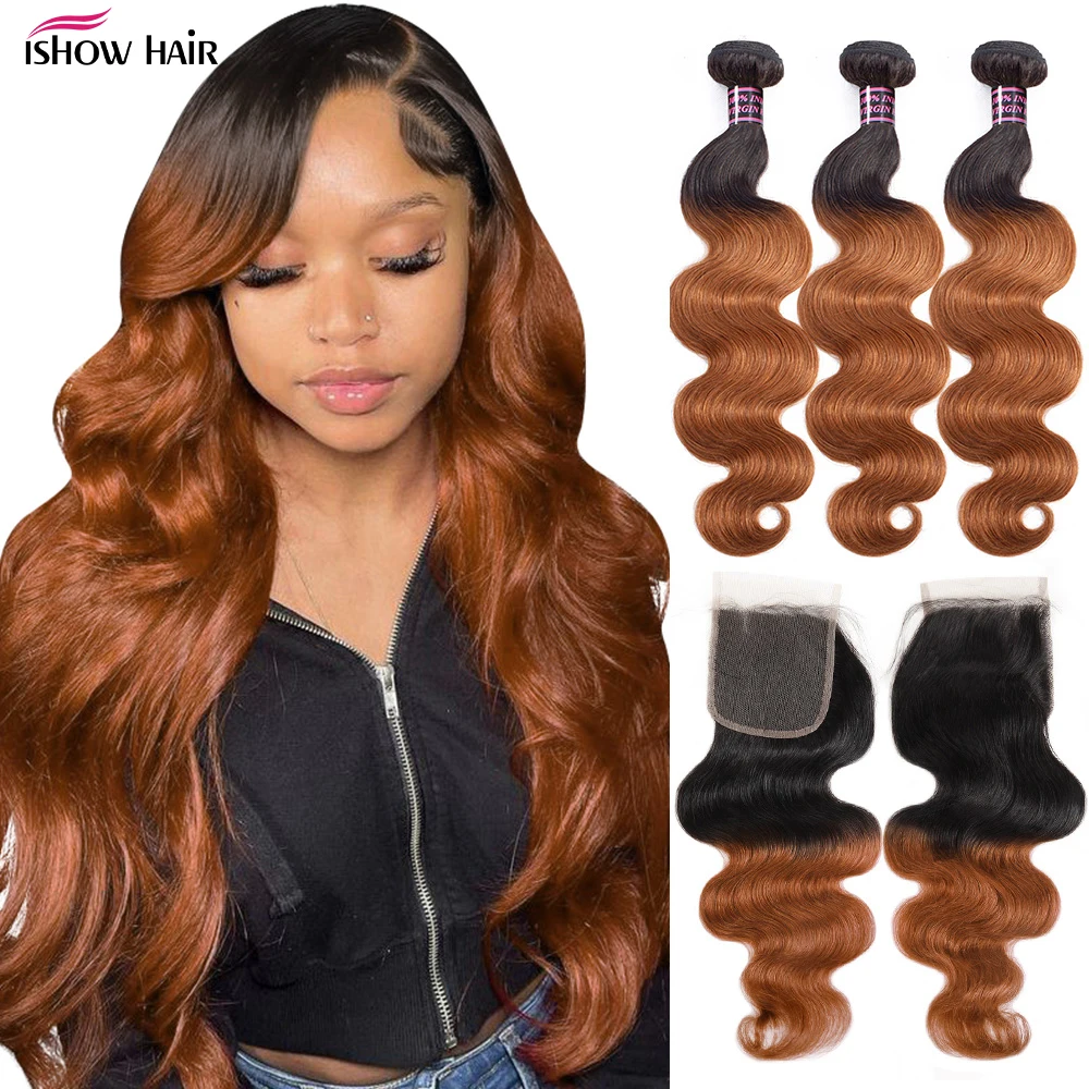 

1B 30 Ombre Bundels With Closure Body Wave Human Hair Bundles With 4x4 Lace Closure Brazilian Remy Brown Colored Hair Extensions