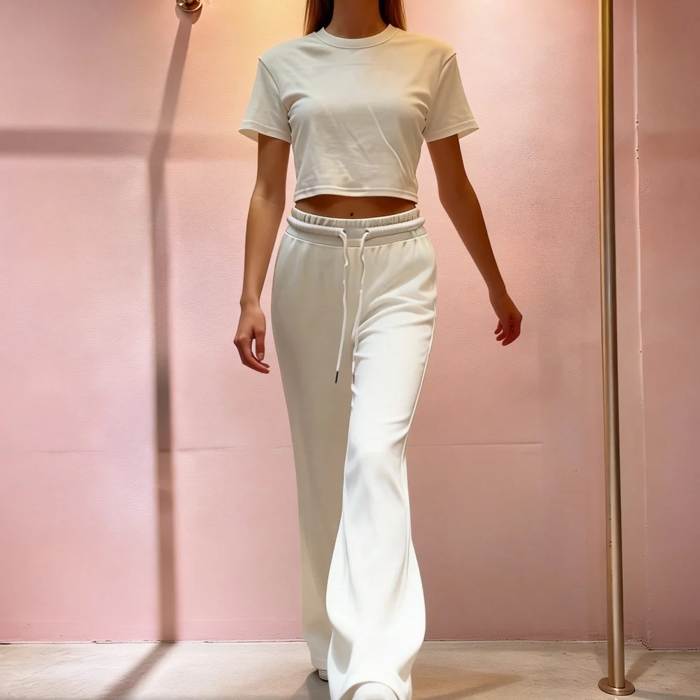 

2026 Women 2 Piece Outfit White Casual Short Sleeve Crop Top And Flare Pants Set Elegant Loungewear Tracksuit 065