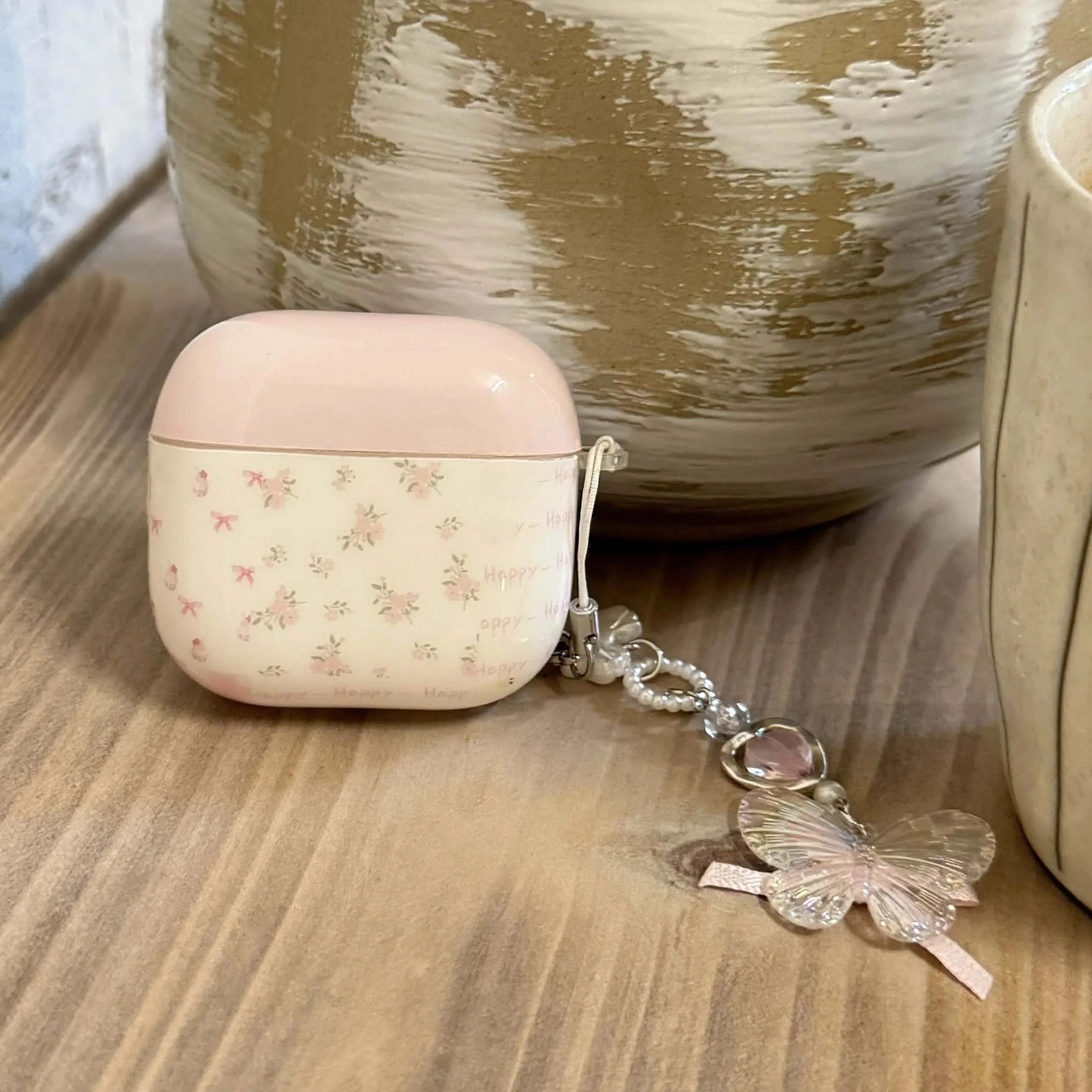 Étui pour écouteurs bluetooth sans fil, dessin animé rose, nœud floral happy imd, pour apple airpods 1 3 4 pro 2 2nd, boîte de chargement pour casque