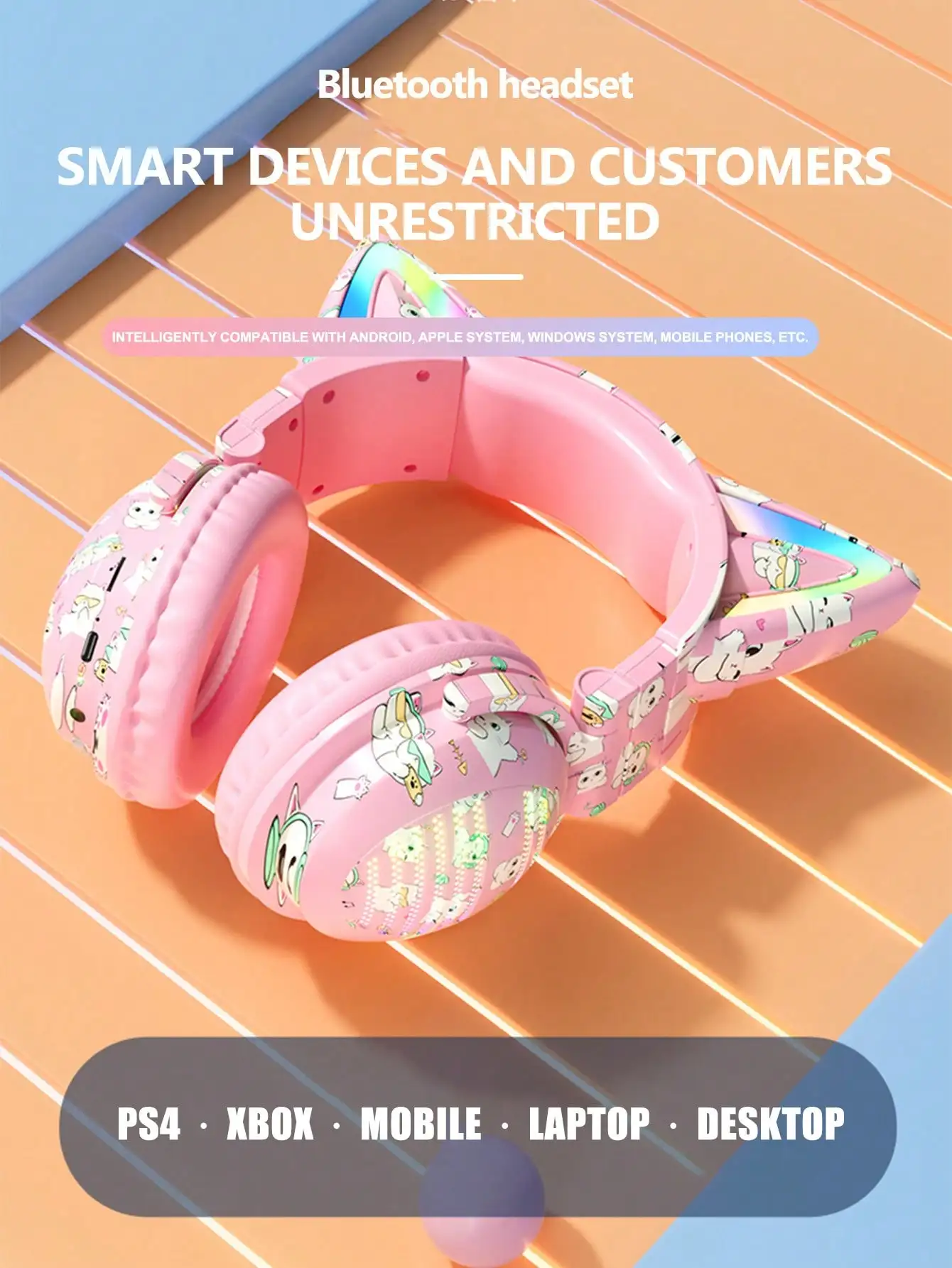 

Detachable Cat Ears Painted Gaming Headphones with Dynamic Rgb Lights Wired Pink with Mic Noise Cancelling Bluetooth Headphones,