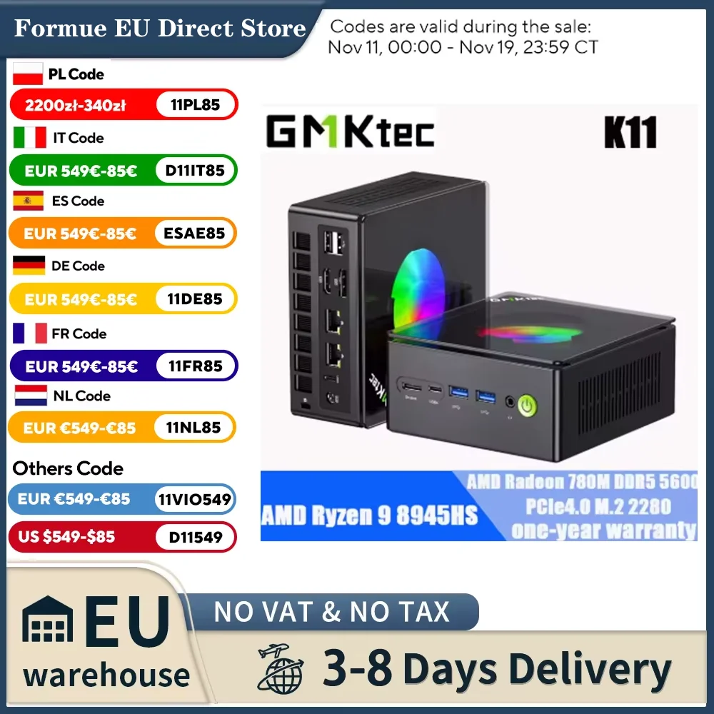 GMKtec Mini PC de jeu Nucbox K11 AMD Ryzen 9 8945HS OCuLink 2 * USB4 2 * DDR5 2 * PCIe 2*2.5G LAN ordinateur de bureau rvb Windows11 WiFi6