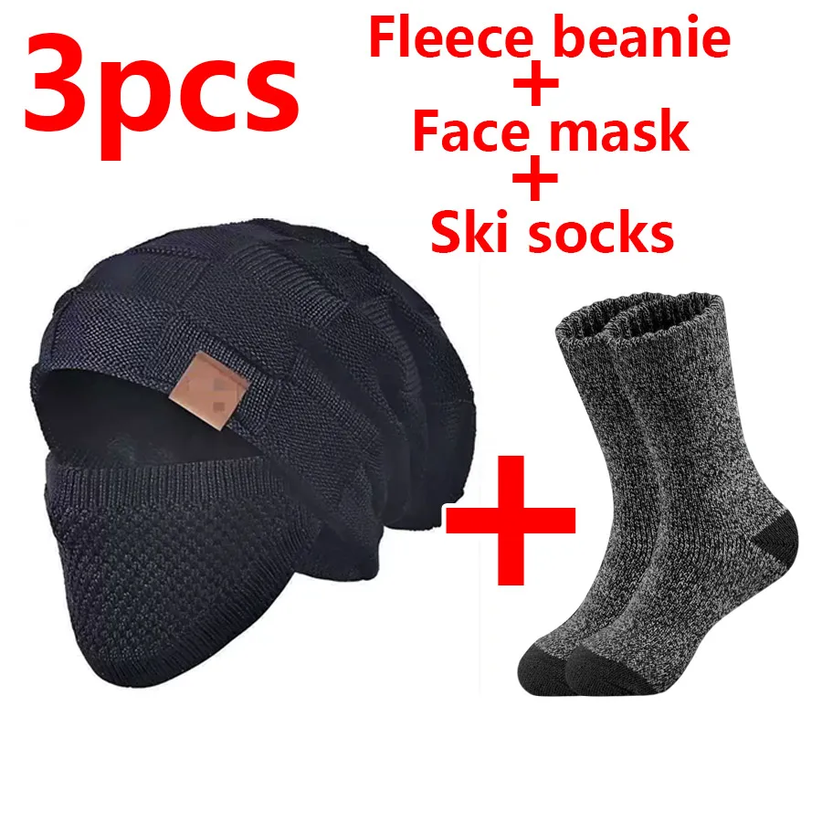 3Pcs Unisex Winter Warm Gear Set: Fleece Knit Hat + Balaclava Mask + Thermal Ski Socks, Gray Black Dark Gray for Ski Cyclings