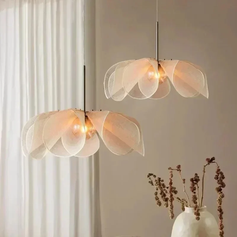 Wabi-sabi stoffen hanglamp bloem hanglamp voor keukeneiland woonkamer slaapkamer glans huisdecoratie E27 lampen - afbeelding 2