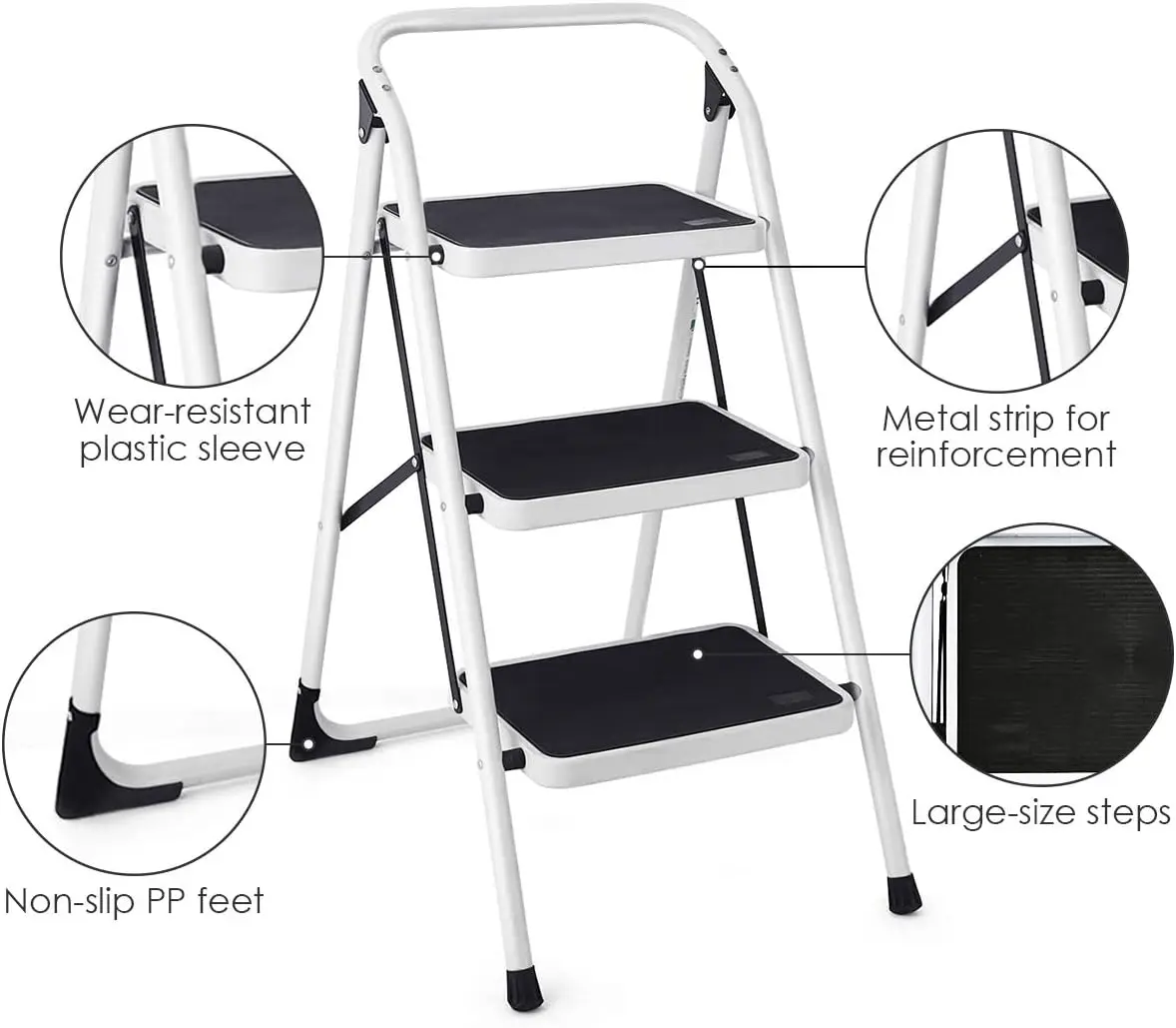 3 Step Ladder, Folding Heavy Duty Step Stool Lightweight Steel Ladder with Handgrip