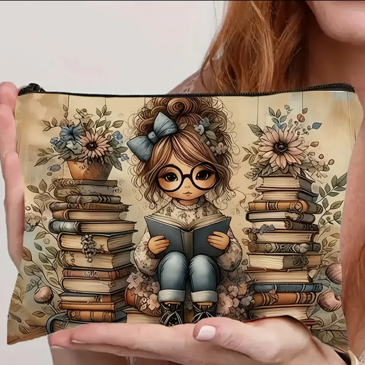 1Pc Book Lover's Floral Retro Design Multifunctional Travel Makeup Bag, Snack Storage Bag, Stationery Storage Bag, Fashionable Toiletry Bag, Canvas Double-Sided Printed Zipper Pouch