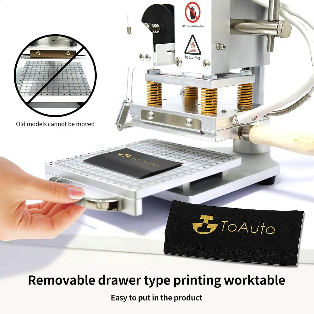 Upgraded Hot Foil Stamping Machine 10x13cm with T-Slot & Movable Table for PVC Wood PU Leather Logo Embossing Bronzing