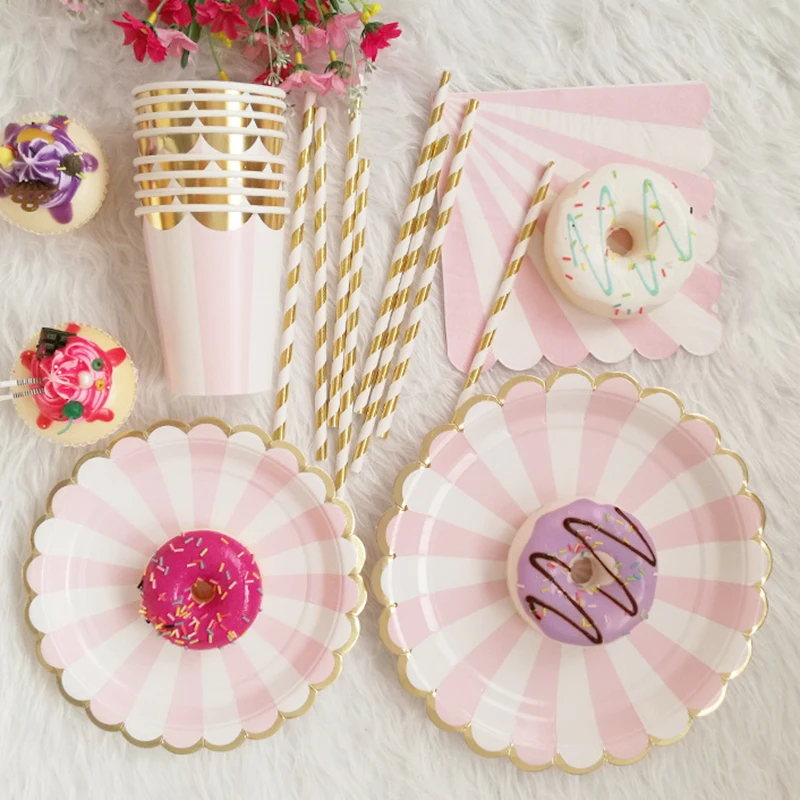 Pink Rainbow Disposable Tableware Paper Plates Cups Napkin Straws Set for Wedding Kids Birthday Party Decoration Favors Supplies