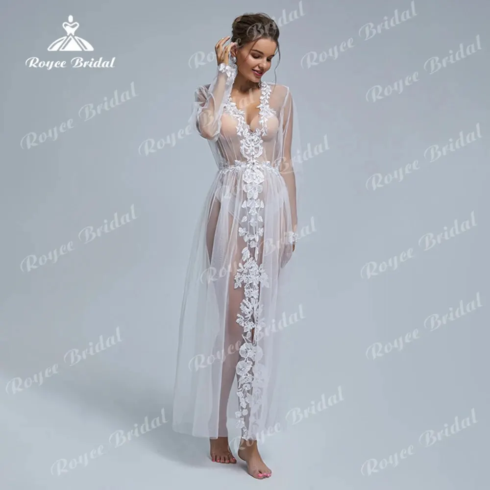 Elegant Pregnant Wedding Dresses Lace Sleepwear Bridal Gowns Sexy Deep V Neck Full Cap Sleeve Back Illusion Ankle-Length Robe