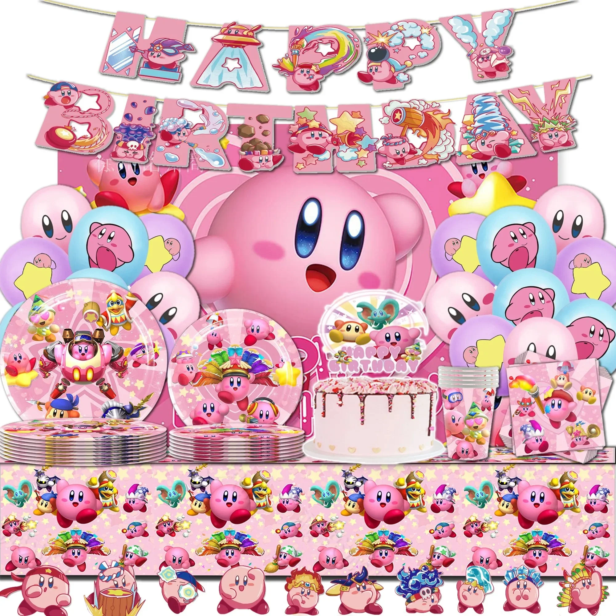 Chaud kawaii étoile Kirby fête d'anniversaire assiette à couverts jetable bannière gâteau Topper suspendus drapeau Kirby ‌ Décoration d'anniversaire en ballon
