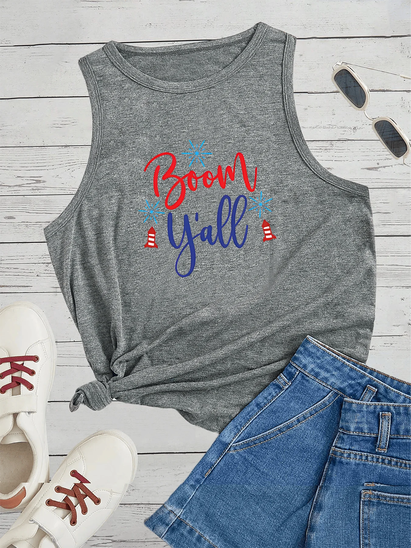 Boom Yall Letter Print Fashion Funny Sports Women's Tank Top Loose O Neck Sleeveless Casual Tank