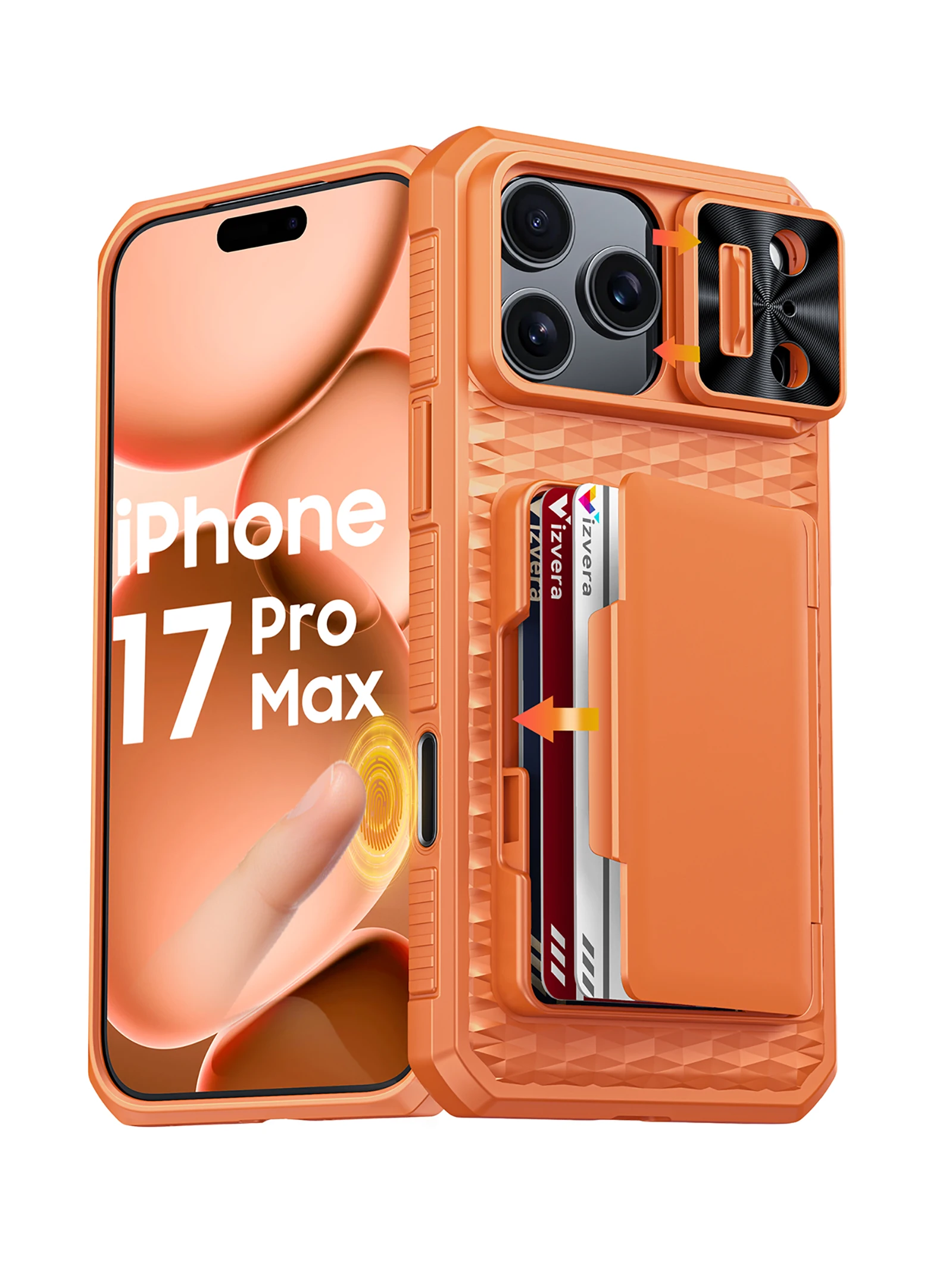 Met kaarthouder, verschuifbare camerahoes en standaard voor iPhone 17 Pro/17 Pro Max telefoonhoesje, anti-val pc + TPU portemonnee-hoesje-oranje - afbeelding 2