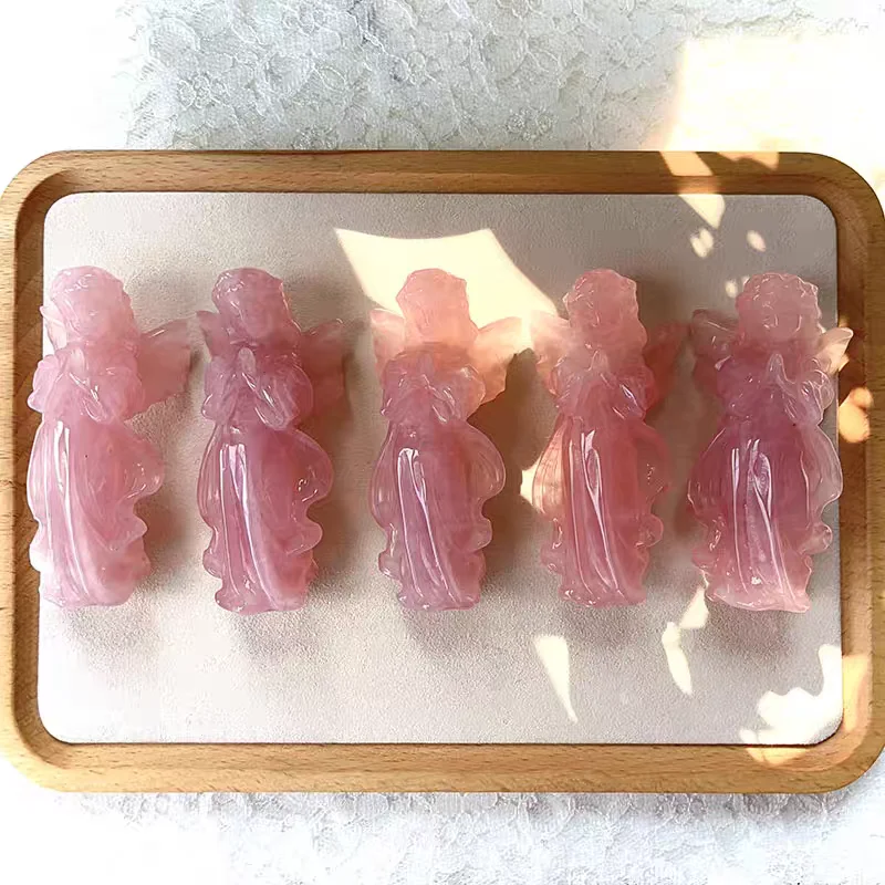 Rose Quartz Angel Statue Healing Decor Beautiful Small Natural Pink Crystal Praying Girl Metaphysical Gift for Love and Harmony