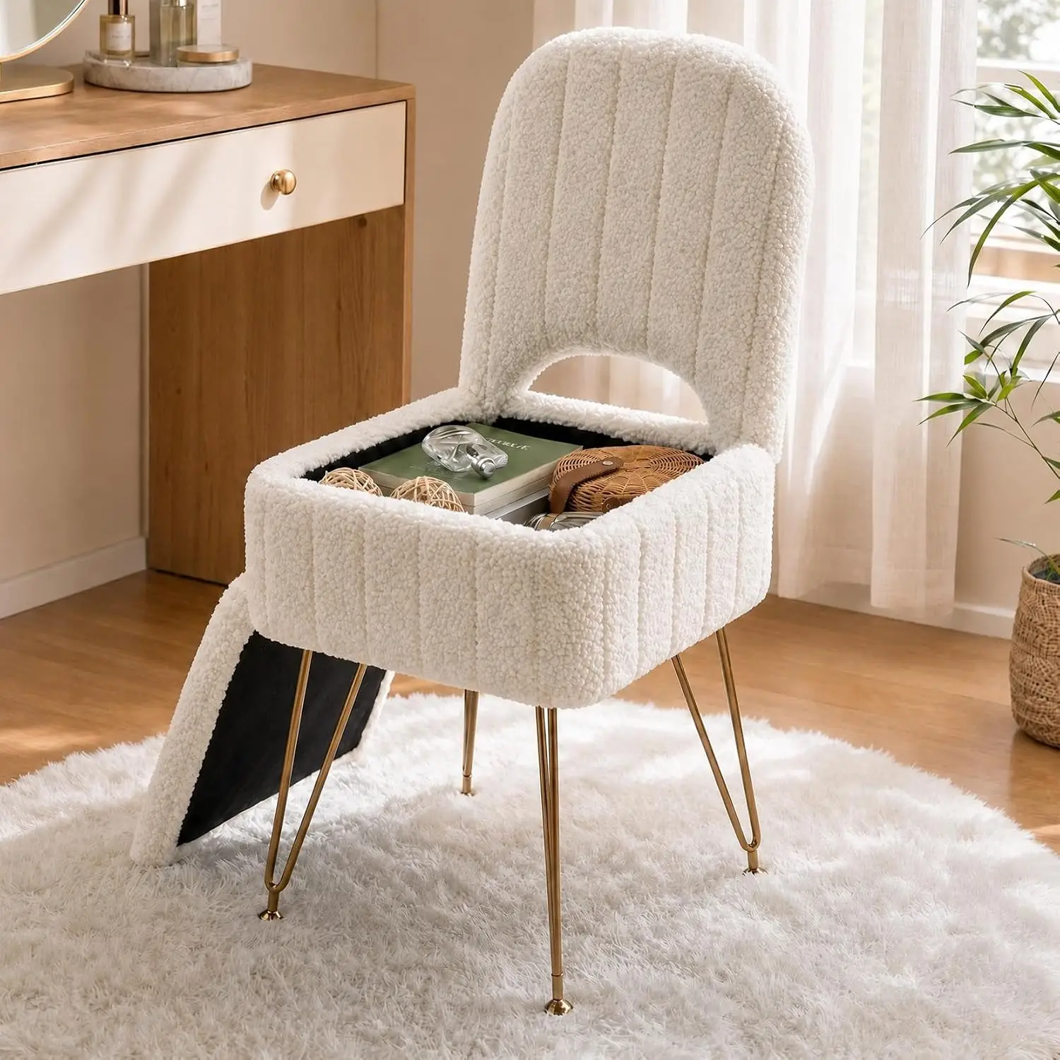 Sgabello da toeletta con schienale e vano contenitore, tessuto bouclé, bianco, ampio vano contenitore nascosto, capacità di carico di 127 kg, poggiapi