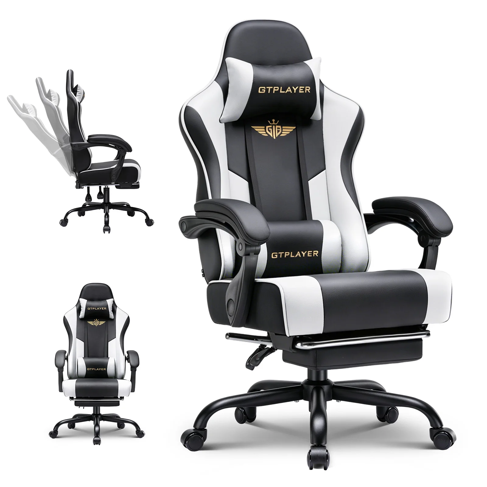 GTPLAYER Gaming Stuhl Chair Gamer Sessel - Ergonomischer Gamer Stuhl mit Fußstütze Kopfstütze und Lordosenstütz Höhenverstellbar Gepolstert Gamingstuhl