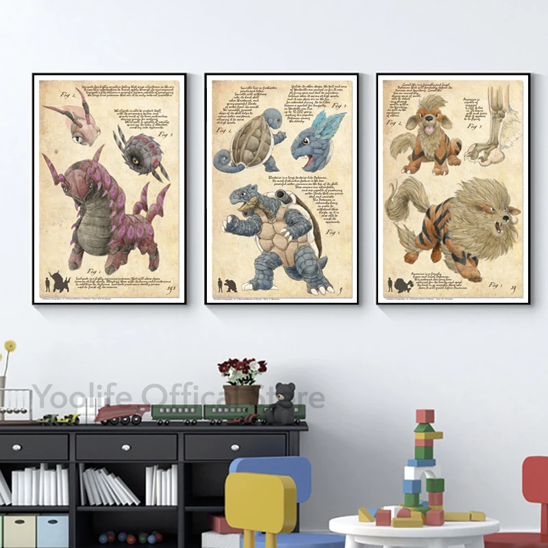 Vintage Dragon Pokegraphy Poster Salamence, Garchomp, Donphan Prints Natural History of Hoenn Kanto Unova Johto Canvas Painting