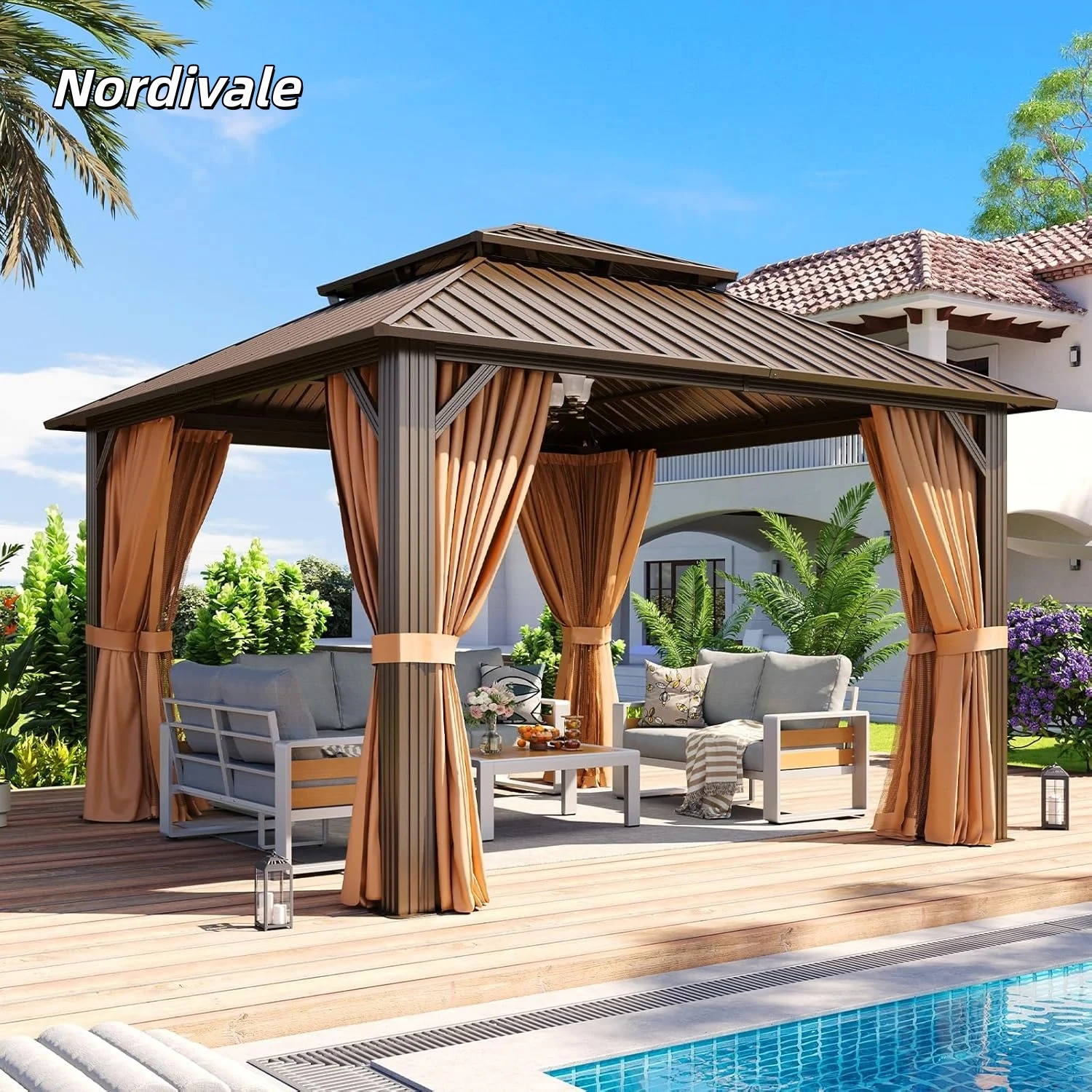 Nordivale 12x12FT Outdoor Gazebo Heavy Duty Canopy Pavilion Double Roof Patio Pergola with Netting Curtains for Backyard Garden Brown