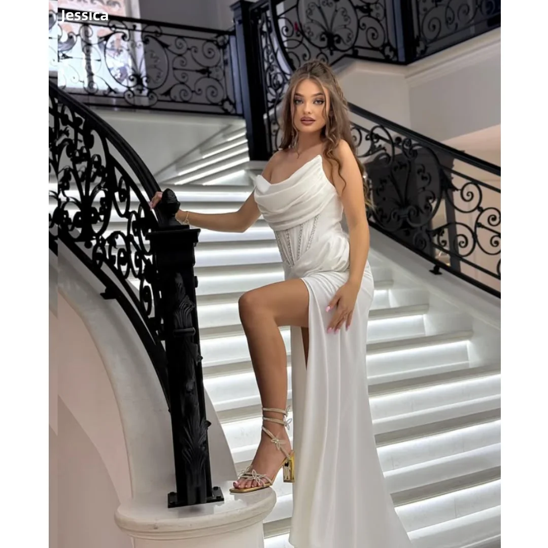 

Jessica Shiny Beads At Waist Evening Dresses White Silk Satin Prom Dresses Sexy Off-shoulder Vestidos De Gala Customized