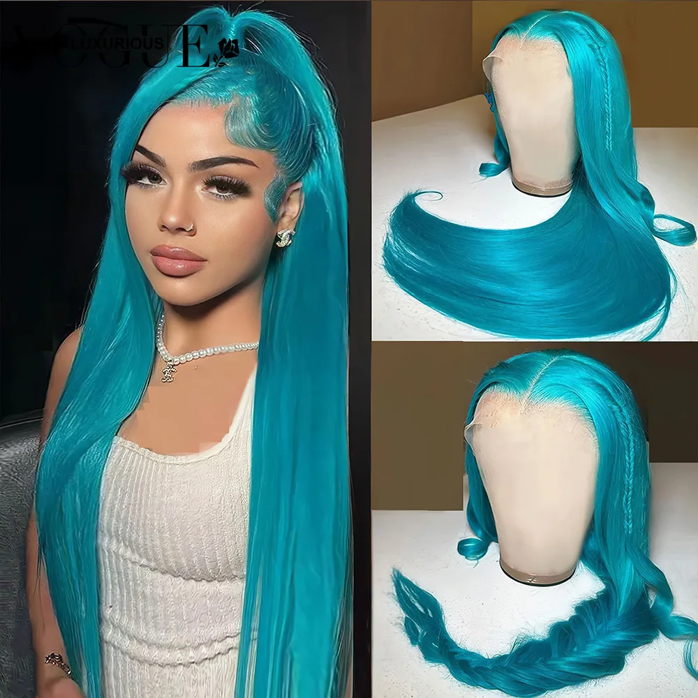 Wig rambut manusia depan renda transparan 13X4 lurus Wig rambut manusia berwarna biru danau muda Remy Brasil dijual Wig depan telah ditanami