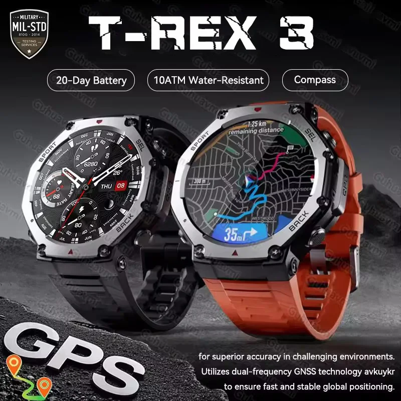 

T-Rex 3 Ультра встроенные двухдиапазонные умные часы с GPS 10 АТМ Водонепроницаемые AMOLED-компас 48 мм 170 + спортивные прочные военные умные часы 2026
