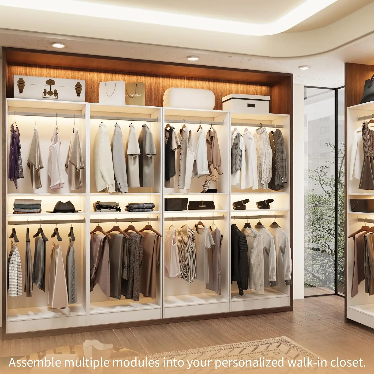 25'' Freestanding Closet System Walk-in Wardrobe Closet Tower White Shelves with 2 Hanging Rods, Modular Expandable Open Closet Organizers, Clothes Garment Rack for Small Closet