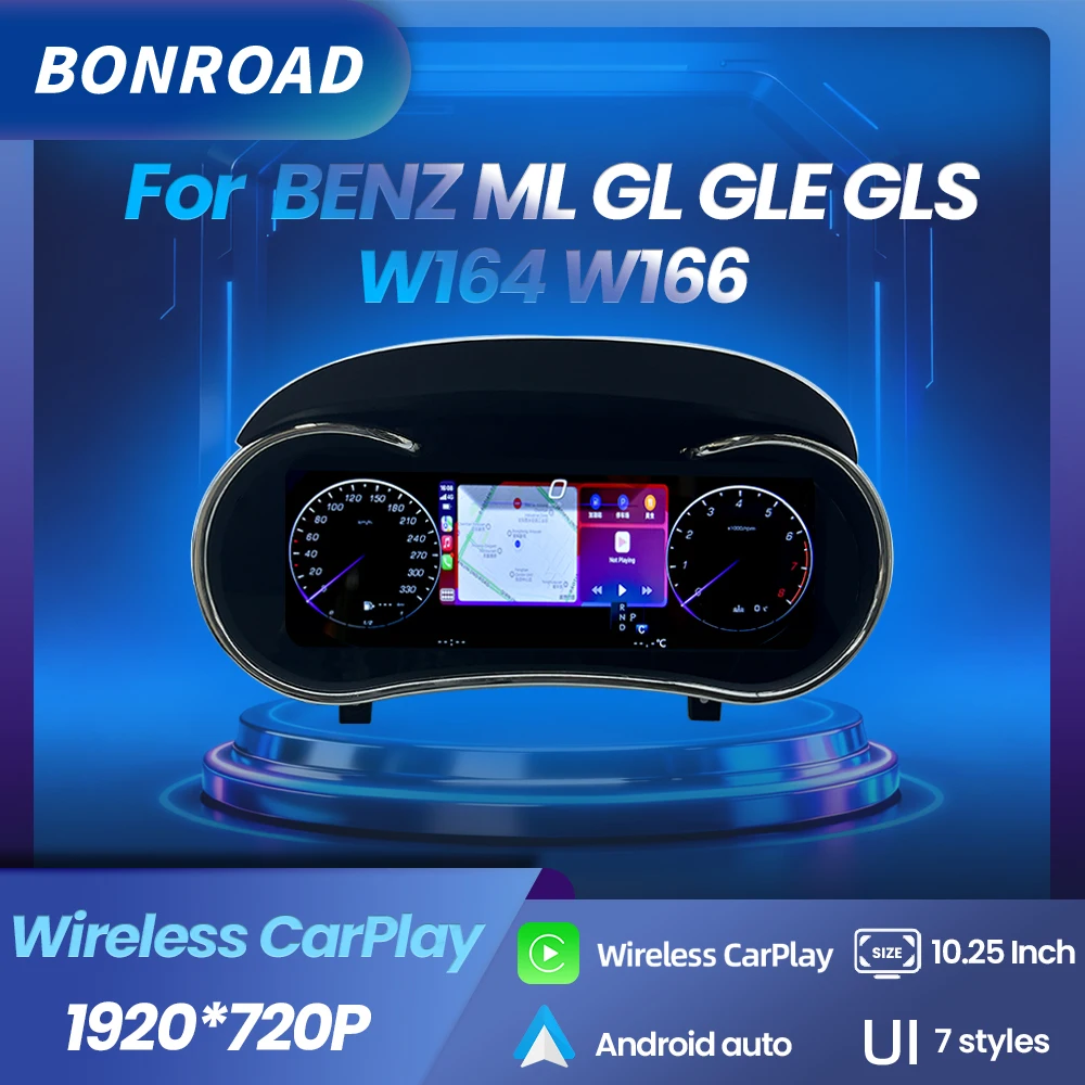 BONROAD Linux 10.25" 1920*720P Écran LCD numérique pour tableau de bord, CarPlay sans fil, Android Auto, pour Mercedes-Benz ML GL GLE GLS W166 X166 2011-2019, compteur de vitesse, cockpit, navigation